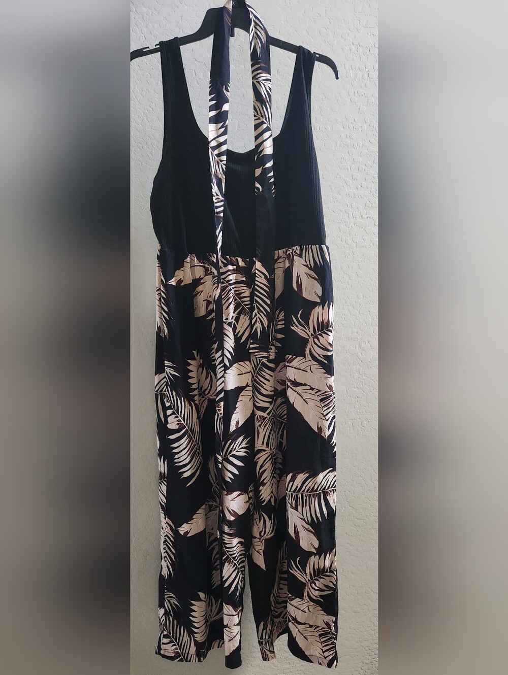 Black & Cream Tropical Print Halter Maxi Romper